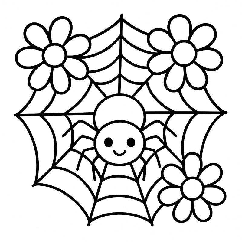 Desenho de Aranha Feliz na Teia com Flores
