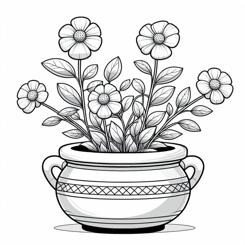 Desenho de arranjo floral em vaso realista para colorir