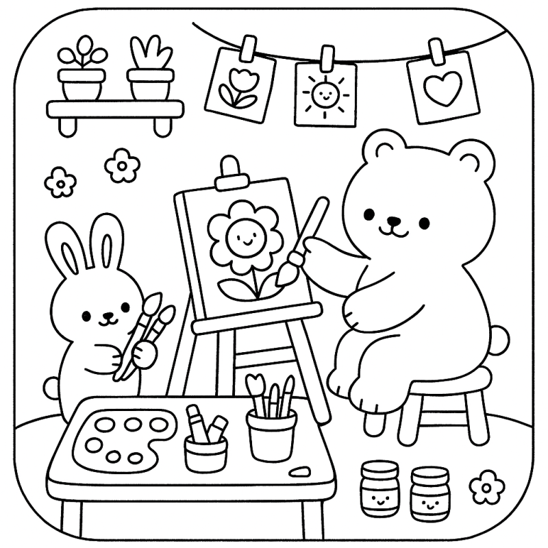 Ursinho e Coelhinho Criativos para Colorir Desenho de ursinho e coelhinho fazendo arte em estúdio boobie goods