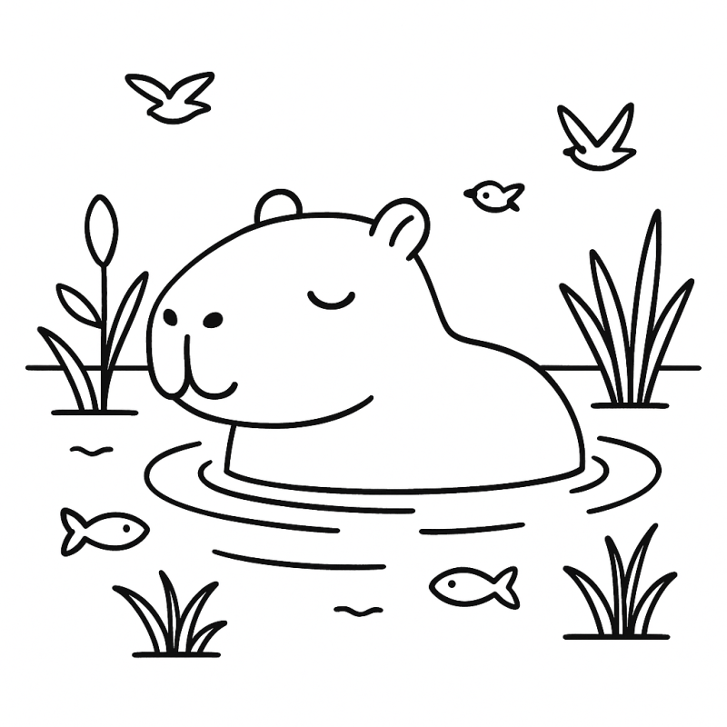 Colorindo a Capivara Tranquila no Lago: Uma Aventura de Serenidade