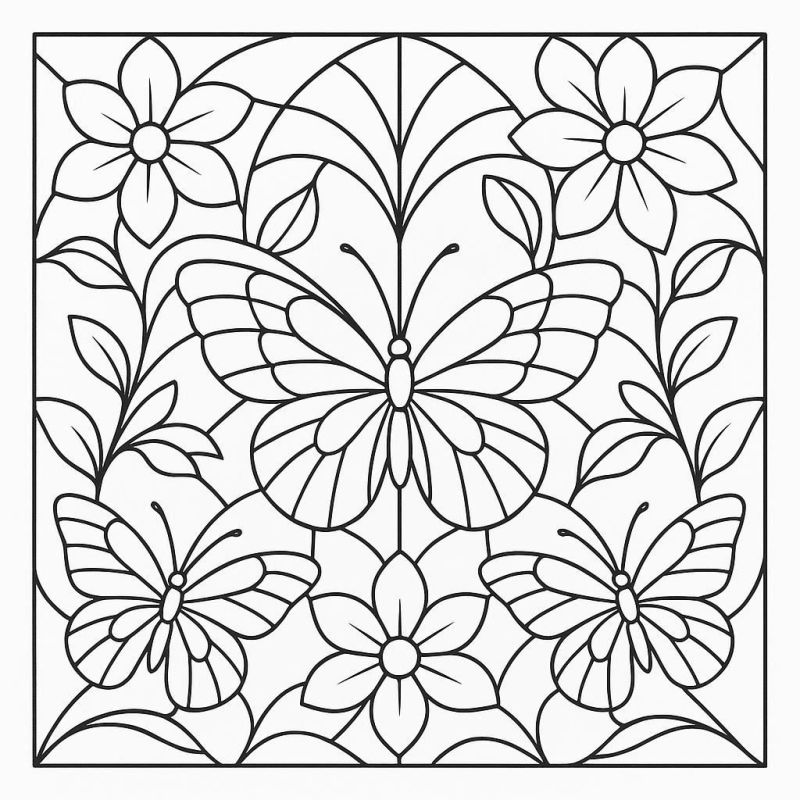 Desenho de mosaico com borboletas e flores para colorir