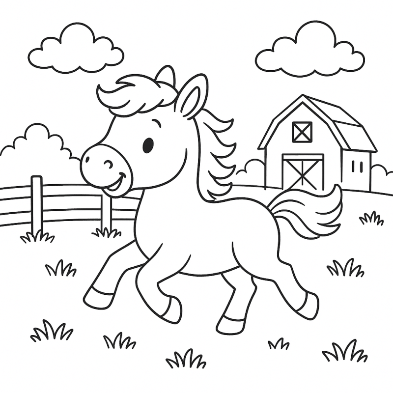 Cenário de Fazendinha: Cavalo Feliz para Colorir