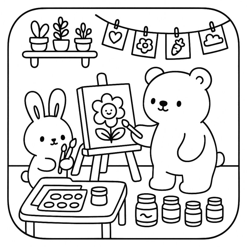 Colorindo com Urso e Coelho no Estúdio de Arte Cenário fofo de urso e coelho pintando em estúdio de arte.