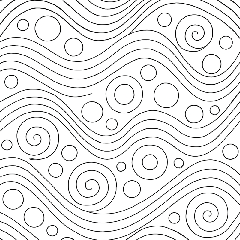 Padrão geométrico abstrato com linhas curvas, espirais e círculos para colorir