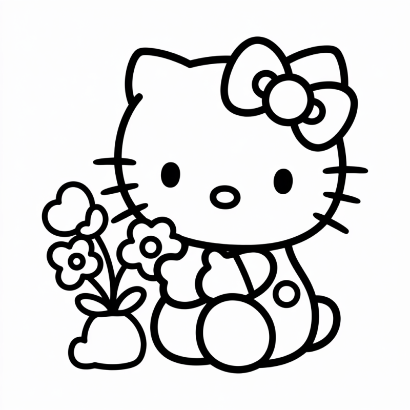 Desenho da Hello Kitty sentada com laço e vaso de flores