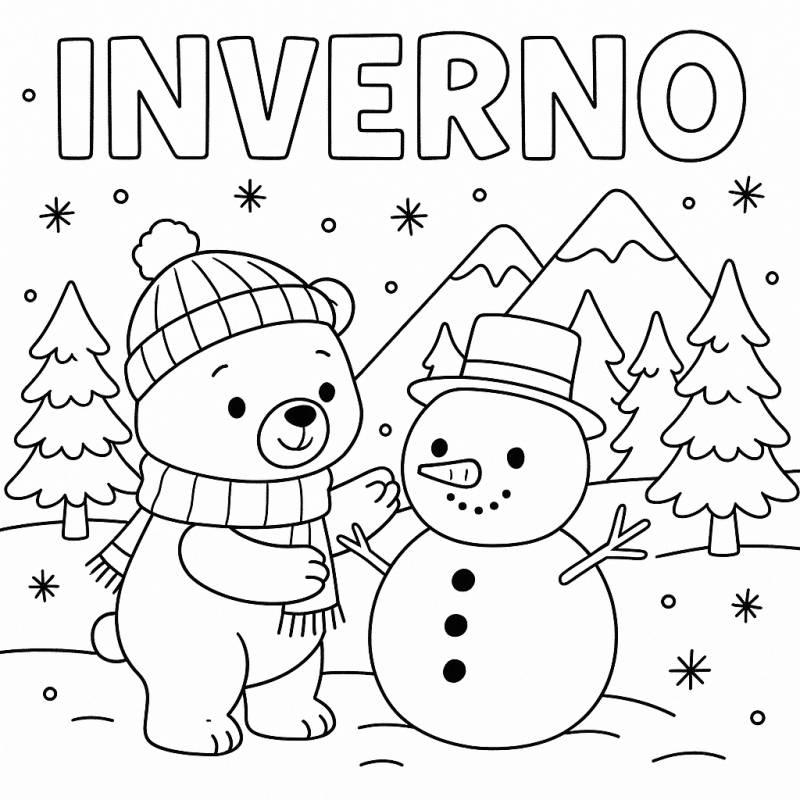 Mágico Cenário de Inverno com Ursinho e Boneco de Neve
