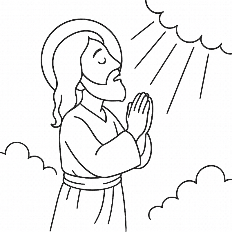 Desenho de Jesus de perfil orando com auréola e raios divinos
