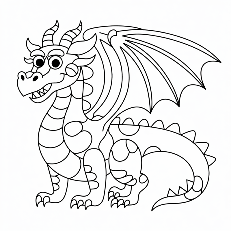 Desenho de um dragão estilizado sorridente ideal para colorir