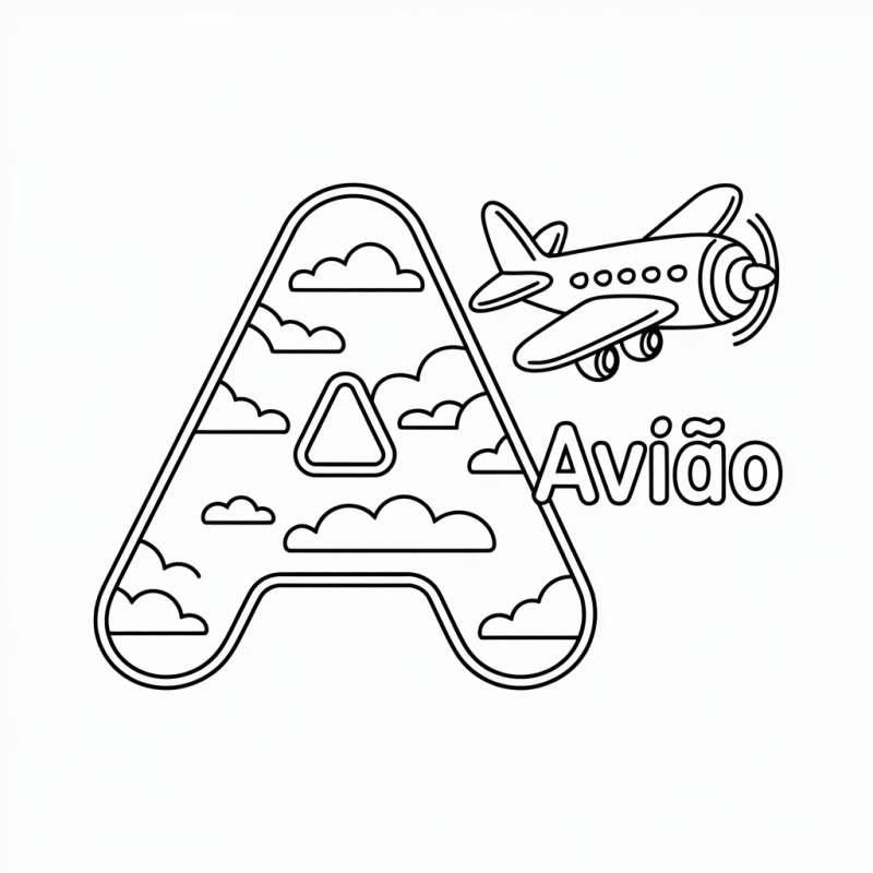 Desenho para colorir de letra A com avião em estilo cartoon