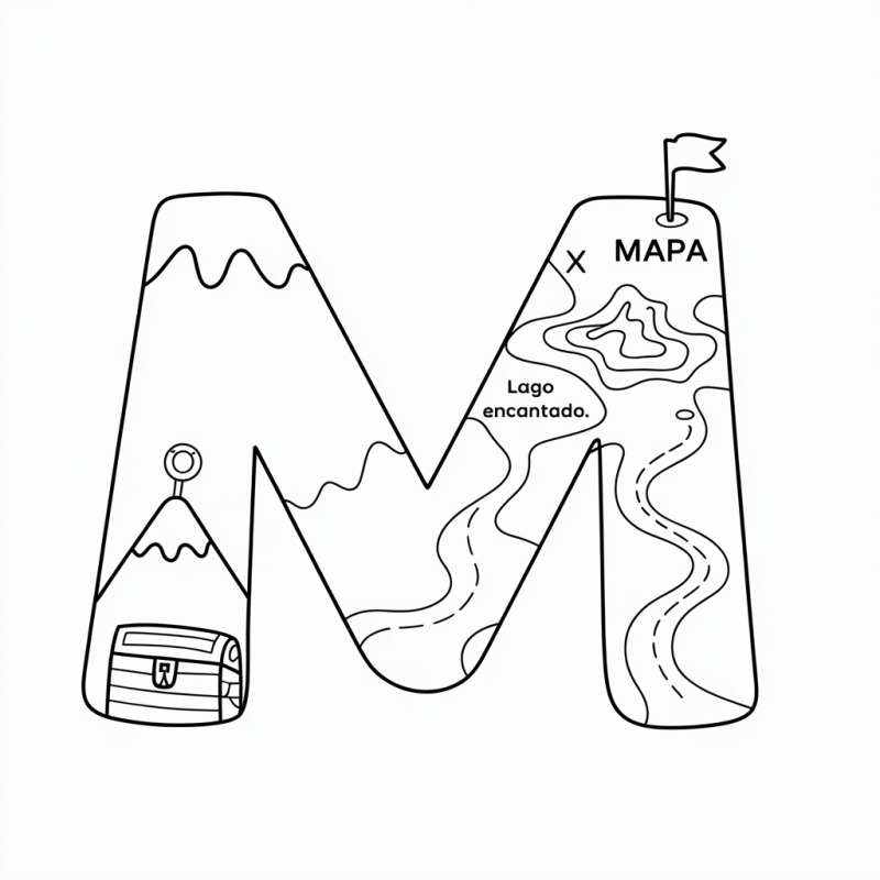 Desenho da letra M estilizada como mapa do tesouro para colorir