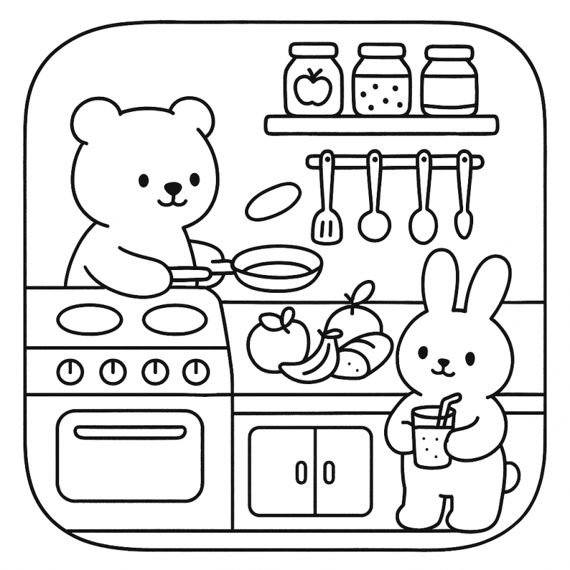Cena de uma cozinha com urso cozinhando e coelho bebendo