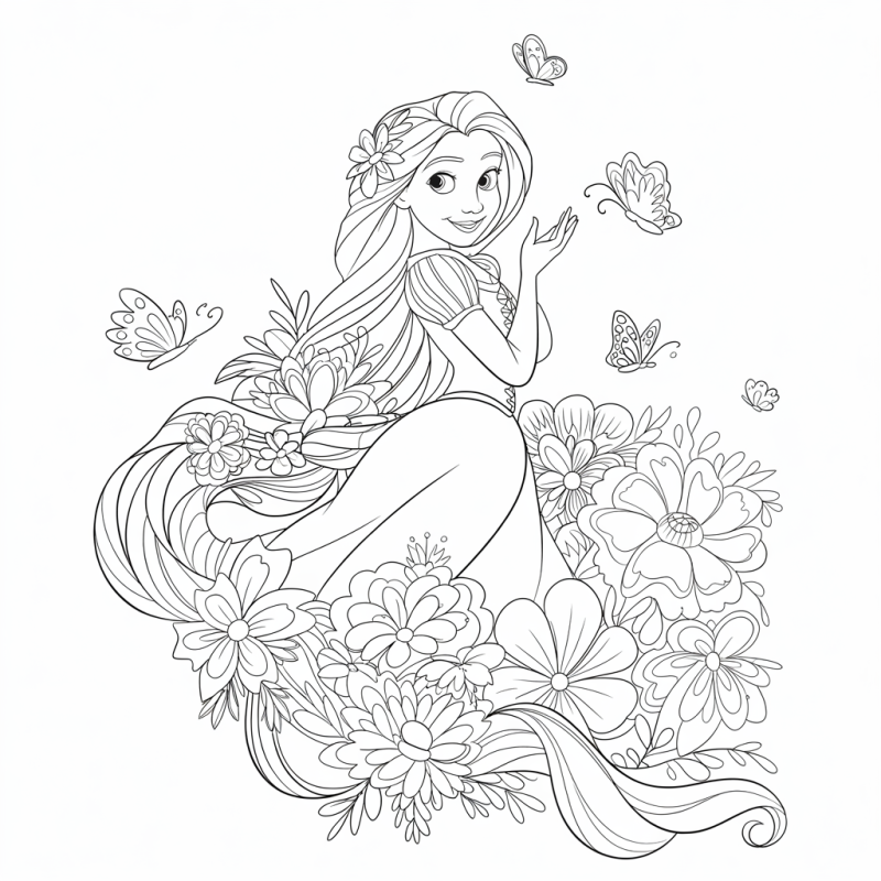 Desenho de Rapunzel entre flores e borboletas para colorir