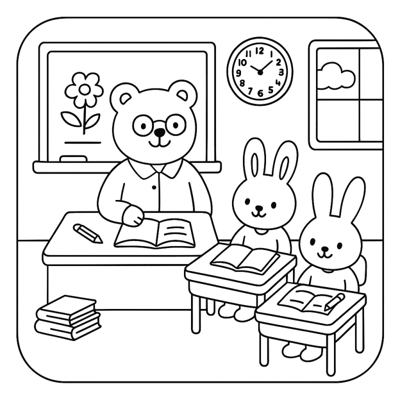 Desenho de sala de aula com urso professor fofo para colorir
