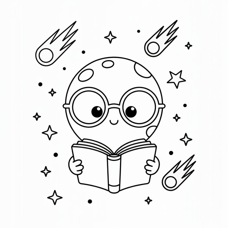 Desenho Para Colorir: Planeta Alegre com Óculos e Livros