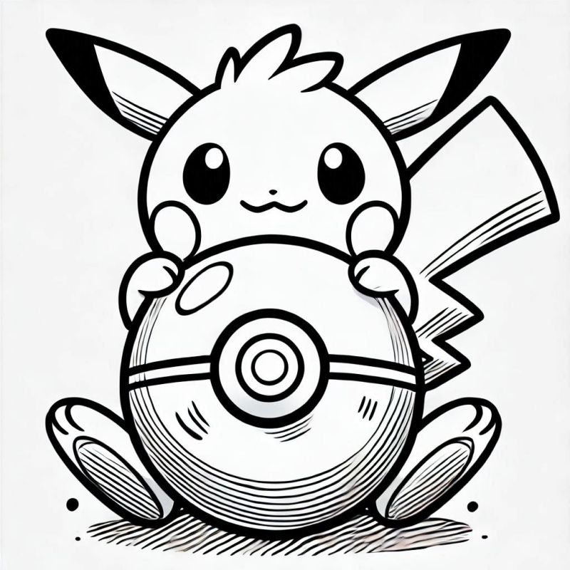 Desenho de Pikachu com Pokébola para Colorir