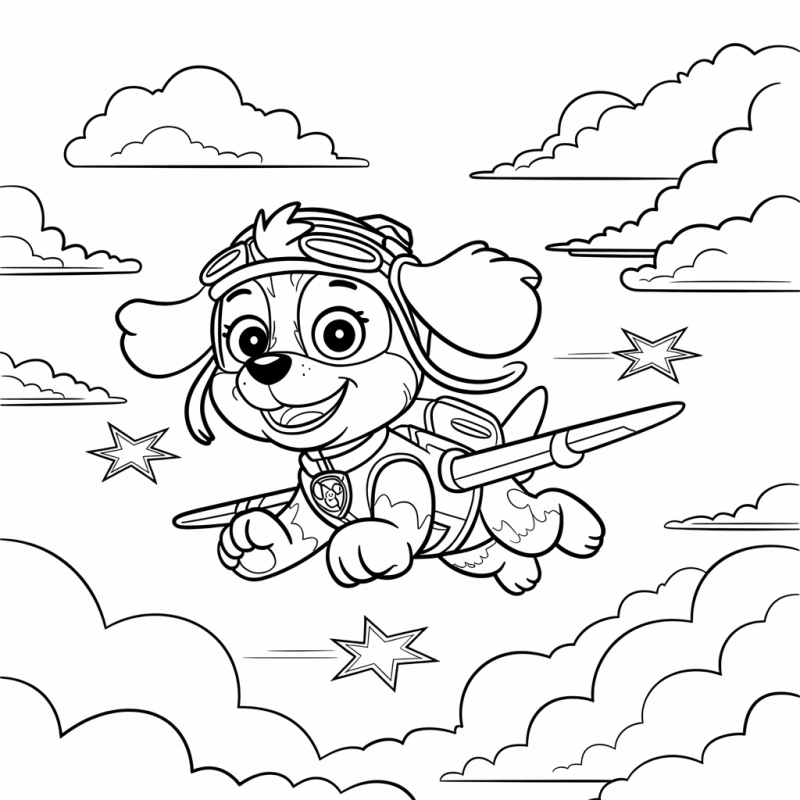 Desenho da Skye da Patrulha Canina voando com um jetpack e sorrindo em um céu cheio de nuvens e estrelas.