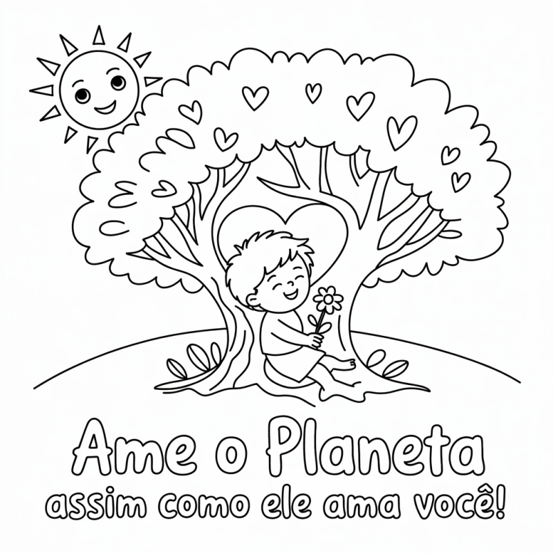 Desenho para colorir de uma árvore com corações, criança com flor e sol sorridente