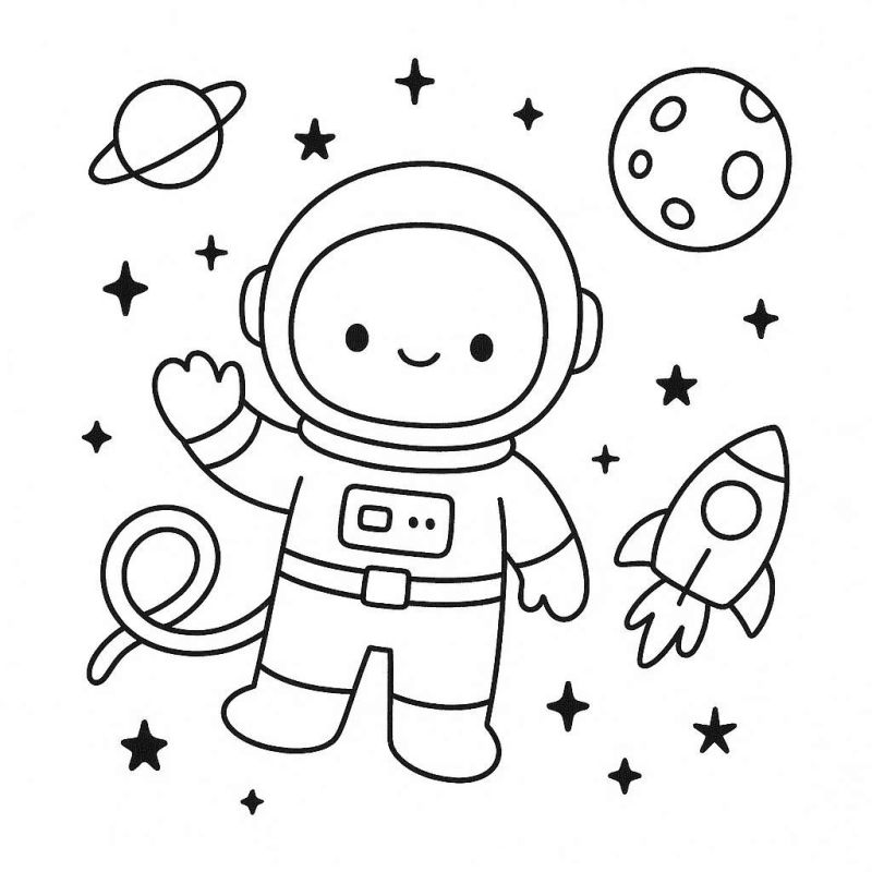 Astronauta Sorridente Acenando no Espaço para Colorir