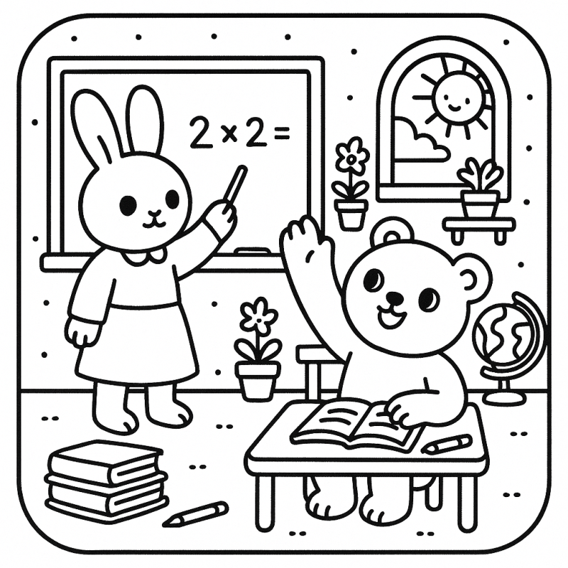 Divirta-se Colorindo a Cena Fofa com Coelho e Urso Desenho boobie goods de uma sala de aula com coelho e urso para colorir