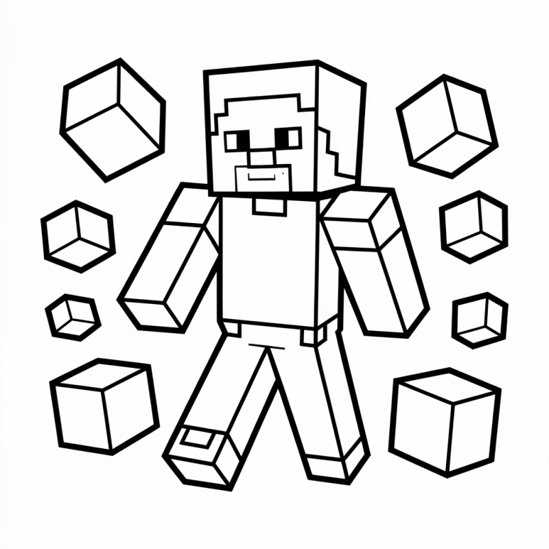 Desenho de um avatar clássico Minecraft pixelado com blocos flutuantes