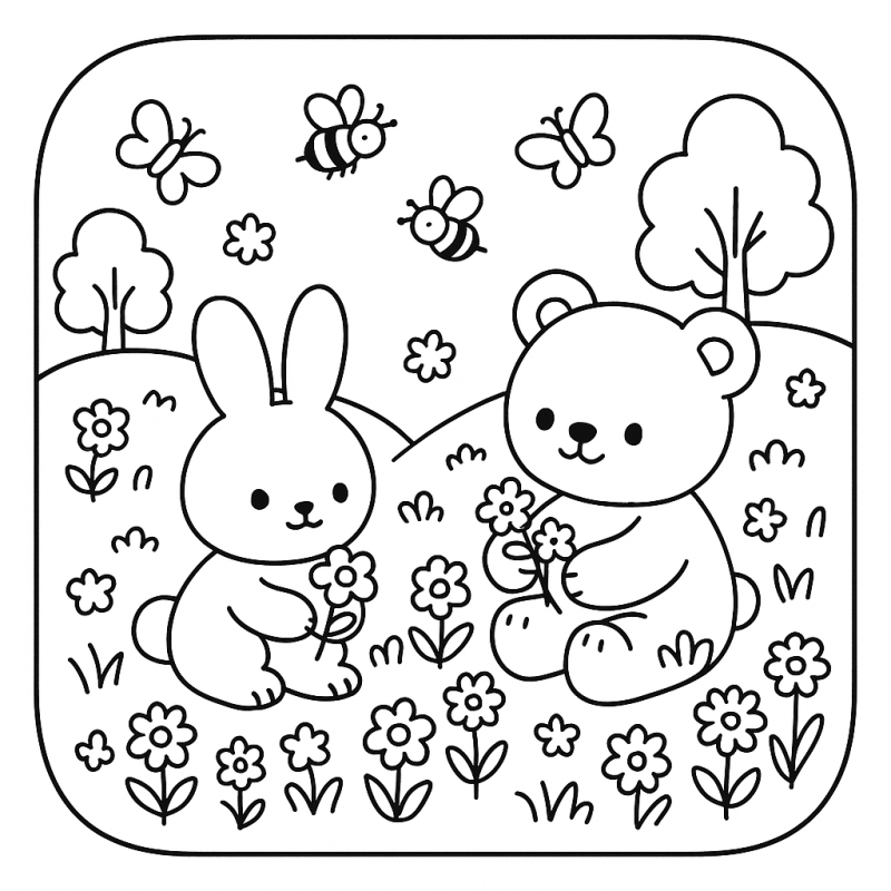 Desenho fofo de um ursinho e coelho em uma colina cercada de flores, abelhas e borboletas, perfeito para colorir.