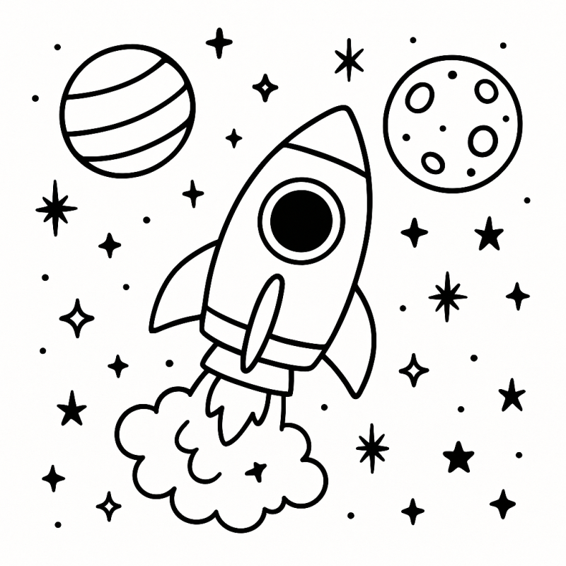 Foguete e Planetas: Uma Aventura Espacial para Colorir