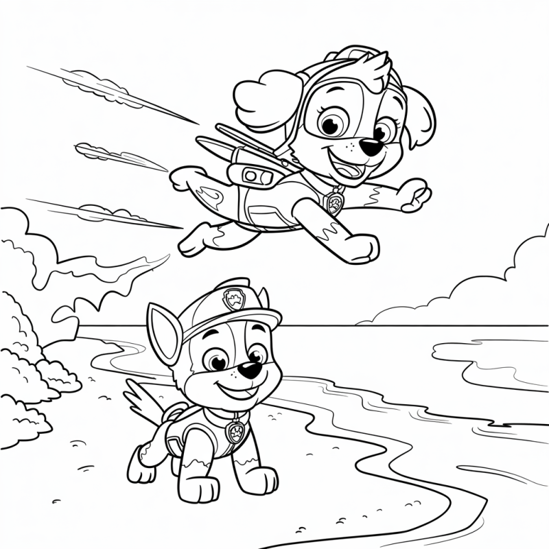 Chase e Skye da Patrulha Canina em uma aventura na praia para colorir