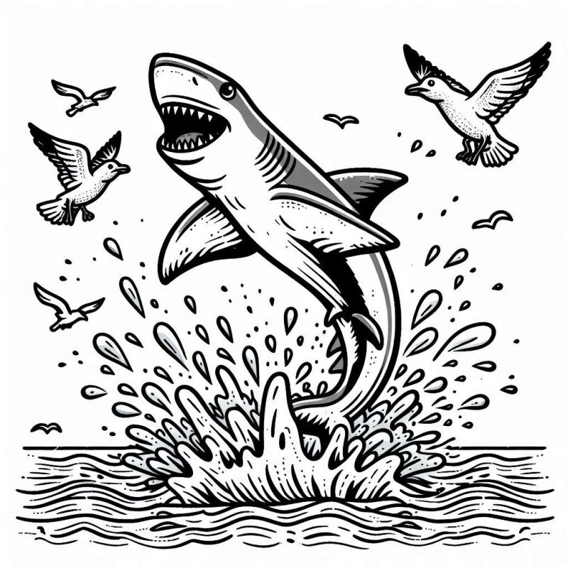 Desenho de tubarão cartunesco sorridente saltando das ondas com pássaros voando ao redor