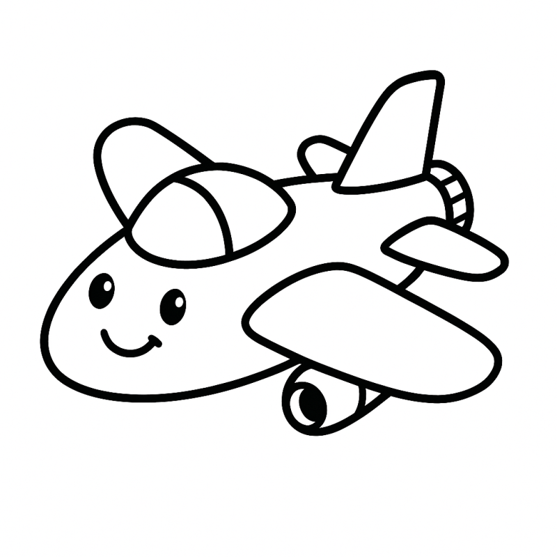Desenho de avião infantil cartoon com expressão amigável para colorir