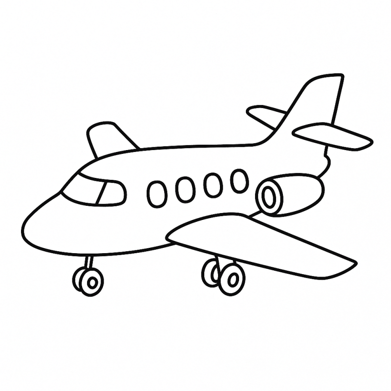 Desenho de um avião para colorir com fuselagem suave e turbinas circulares