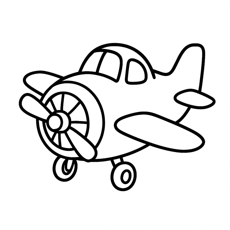 Desenho de avião estilo cartunesco para colorir com cockpit e hélice detalhados