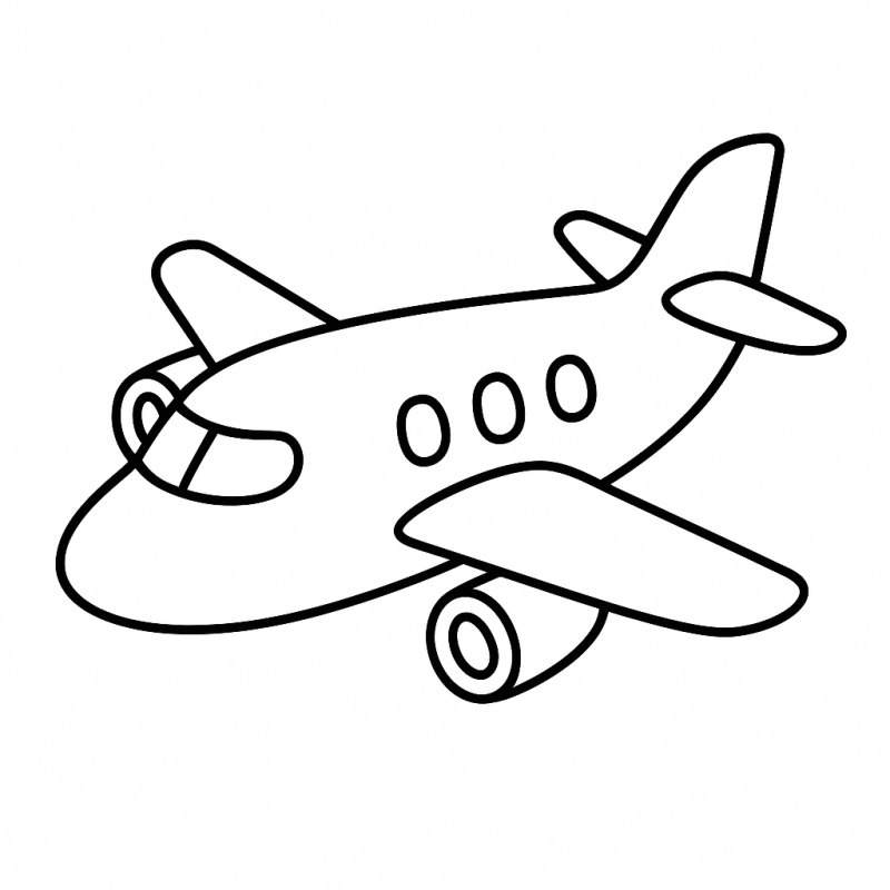 Desenho de avião cartoon em perspectiva para colorir, com janelas amplas e motores detalhados.