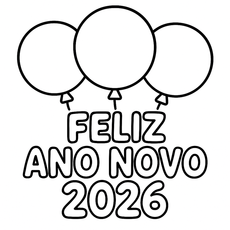 Desenho de balões com Feliz Ano Novo 2026 para colorir