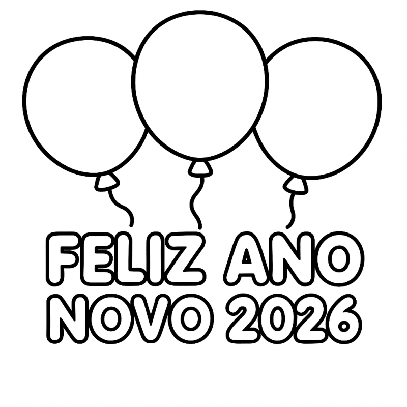 Desenho de balões Feliz Ano Novo 2026 para colorir