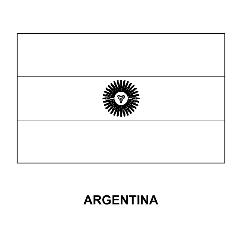 Bandeira da Argentina para Colorir em contorno: três faixas horizontais e sol de maio no centro, nome Argentina abaixo
