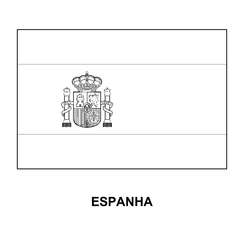 Bandeira da Espanha para Colorir em contorno: faixa amarela larga, faixas vermelhas e brasão, nome Espanha abaixo