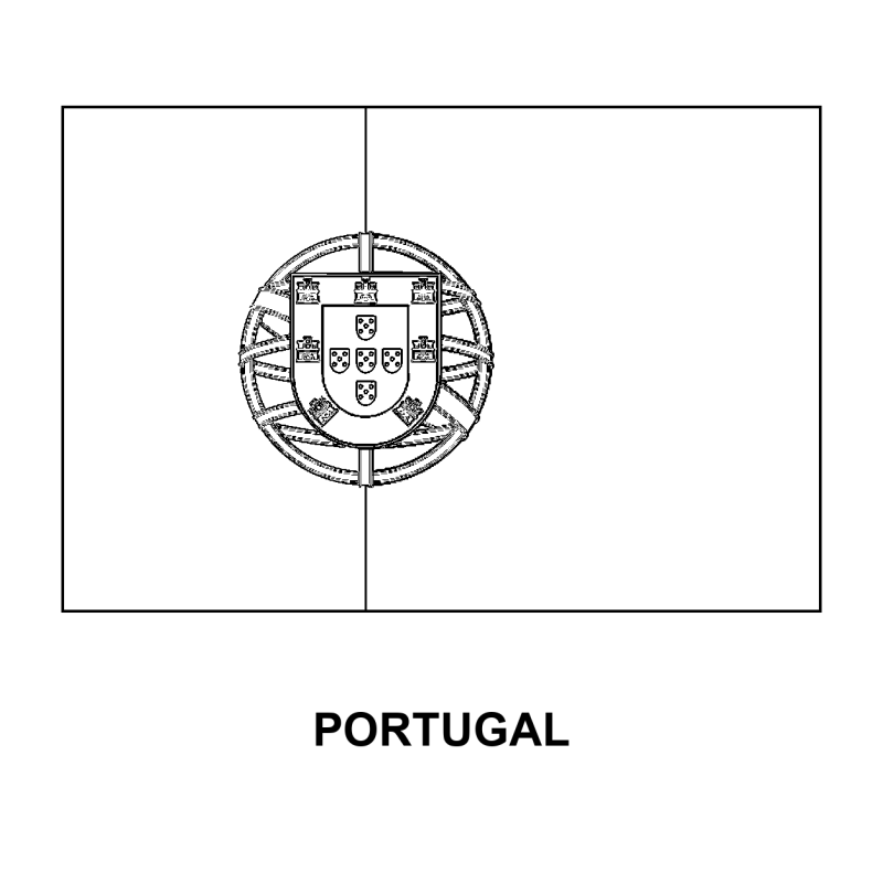 Bandeira de Portugal para Colorir em contorno: campo verde e vermelho com esfera armilar e escudo, nome Portugal abaixo