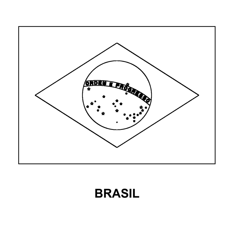 Bandeira do Brasil para Colorir em contorno: losango, círculo, faixa com lema e estrelas, nome Brasil abaixo