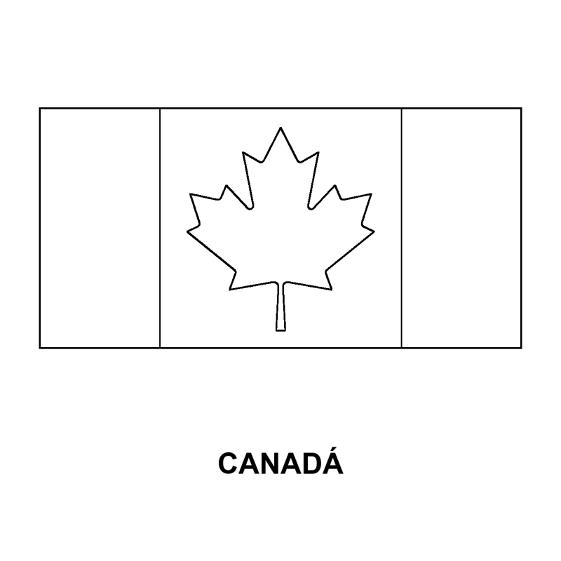 Bandeira do Canadá para Colorir em contorno: folha de bordo central e duas faixas laterais, nome Canadá abaixo
