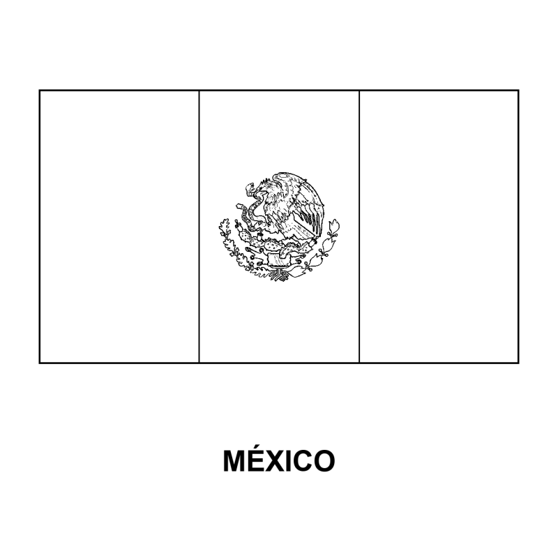Bandeira do México para Colorir em contorno: três faixas verticais e brasão com águia, nome México abaixo