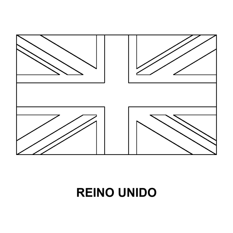 Bandeira do Reino Unido para Colorir em contorno: cruz central e faixas diagonais da union jack, nome Reino Unido abaixo