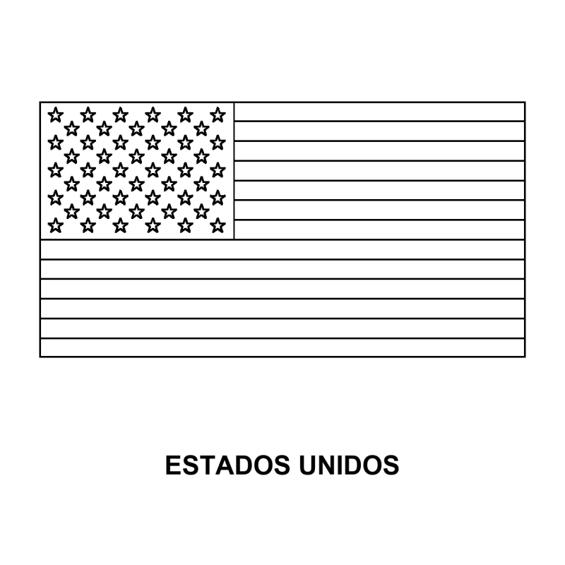 Bandeira dos Estados Unidos para Colorir em contorno: treze faixas horizontais e estrelas no cantão, nome Estados Unidos abaixo
