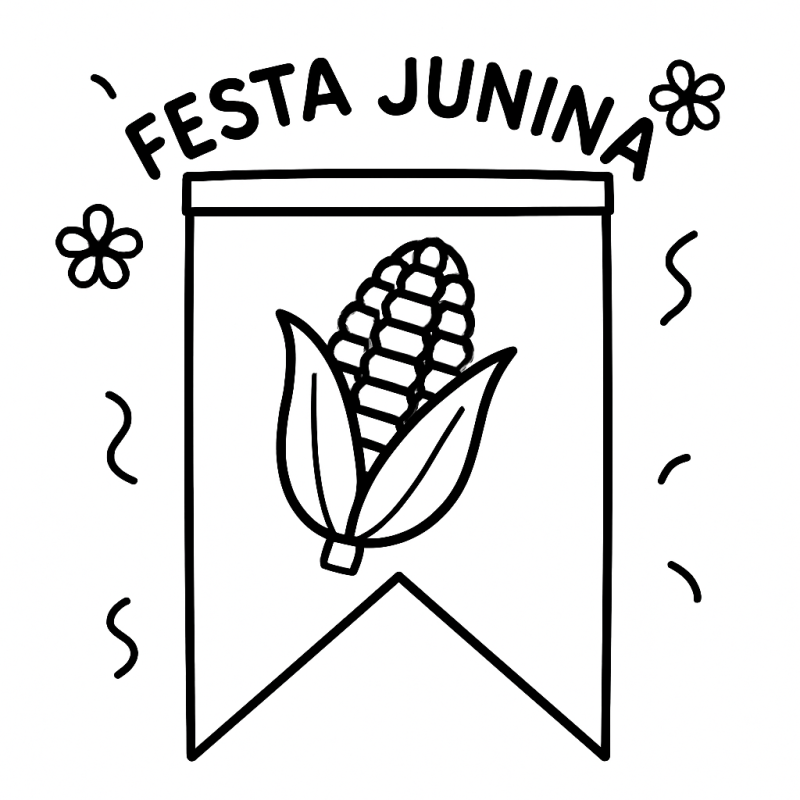 Desenho de uma bandeirinha de Festa Junina com espiga de milho para colorir
