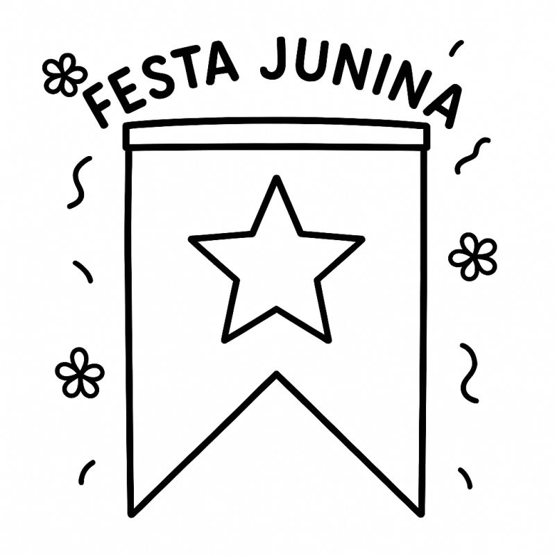 Desenho de bandeirinha de festa junina para colorir com estrela e decorações festivas