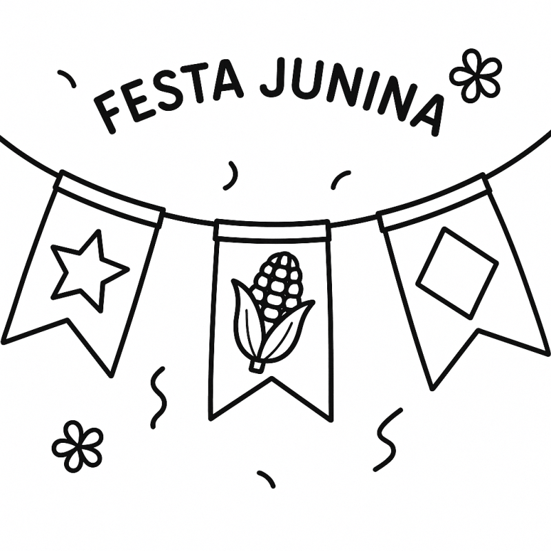 Imagem de bandeirinhas de festa junina para colorir com estrela, milho e losango.