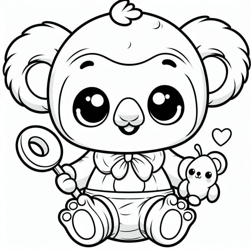 Desenho fofo de bebê coala com ursinho para colorir