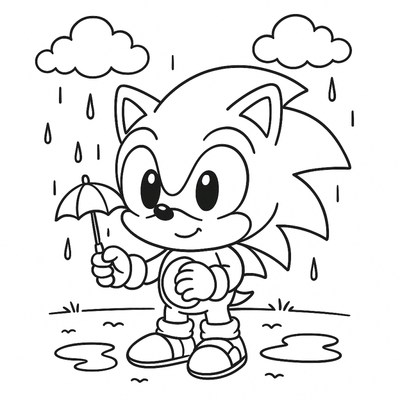 Desenho de bebê Sonic na chuva com guarda-chuva para colorir