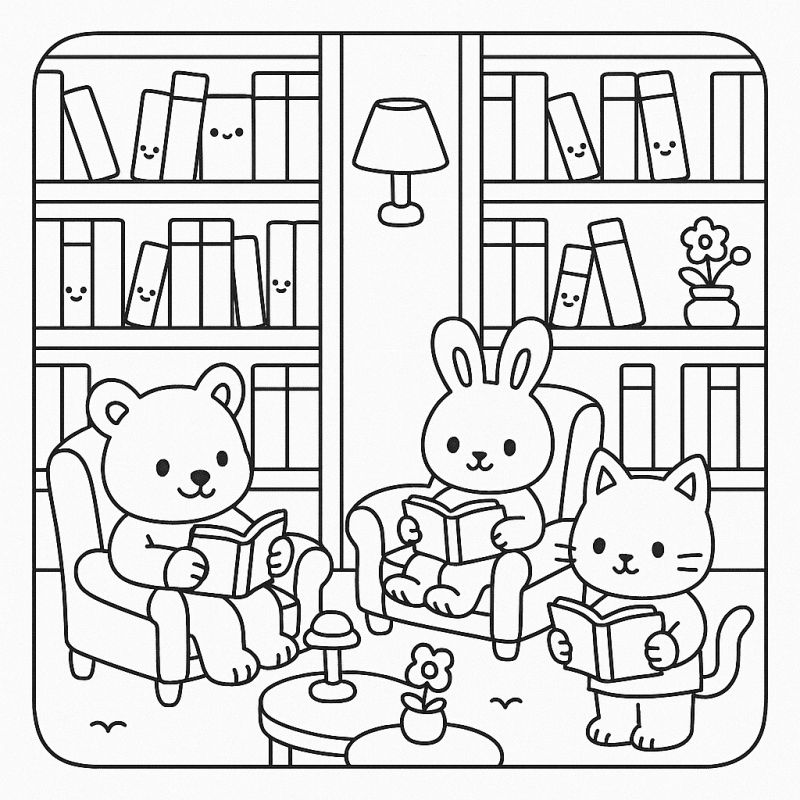 Cena de uma biblioteca aconchegante com urso, coelho e gato lendo