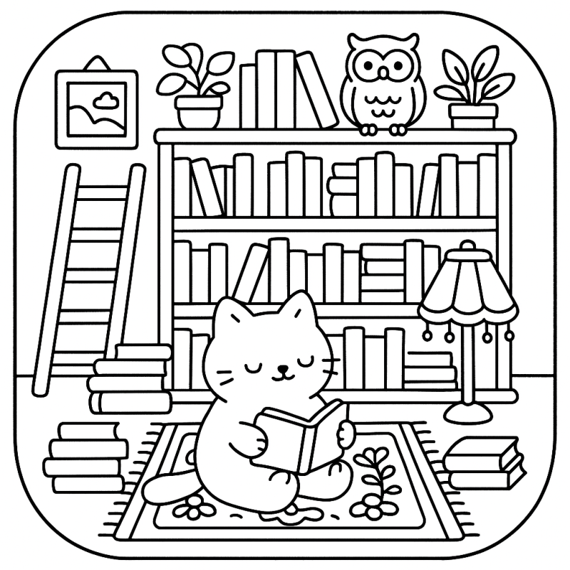 Biblioteca Acolhedora: Gato e Coruja para Colorir Desenho de uma biblioteca acolhedora com gato e coruja para colorir