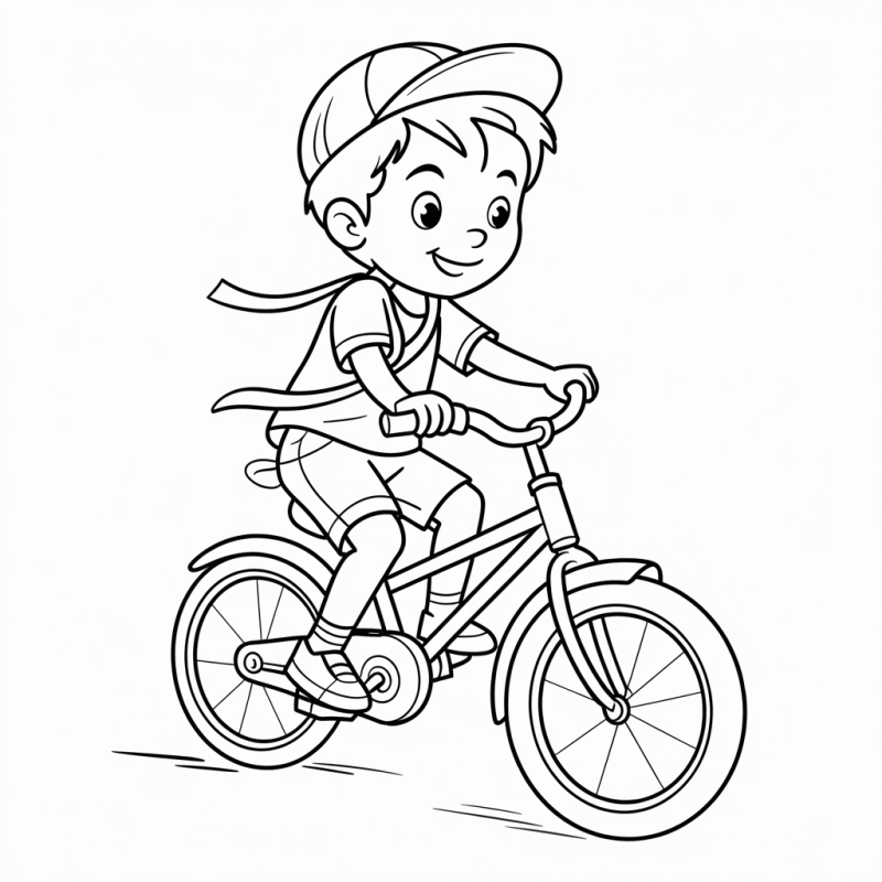 Menino sorridente andando de bicicleta com capa esvoaçante para colorir